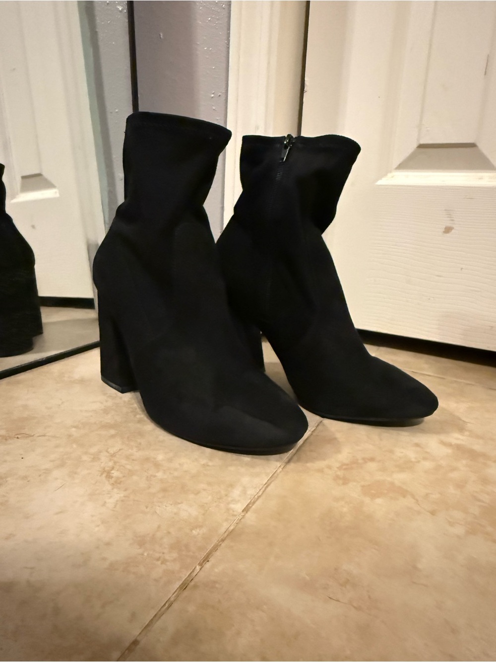 Striking Black Block Heel Boots w/ Sock-style Design